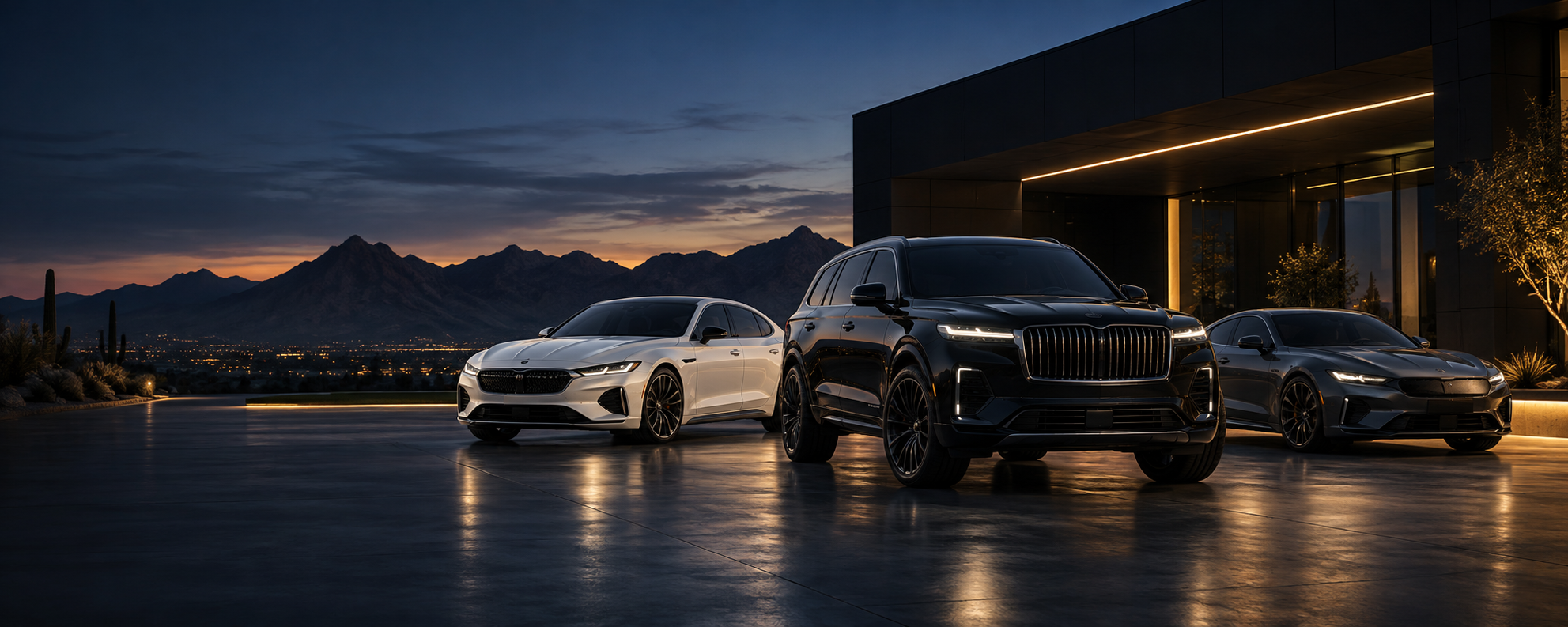 Premium pre-owned vehicles outside a modern dealership at sunset
